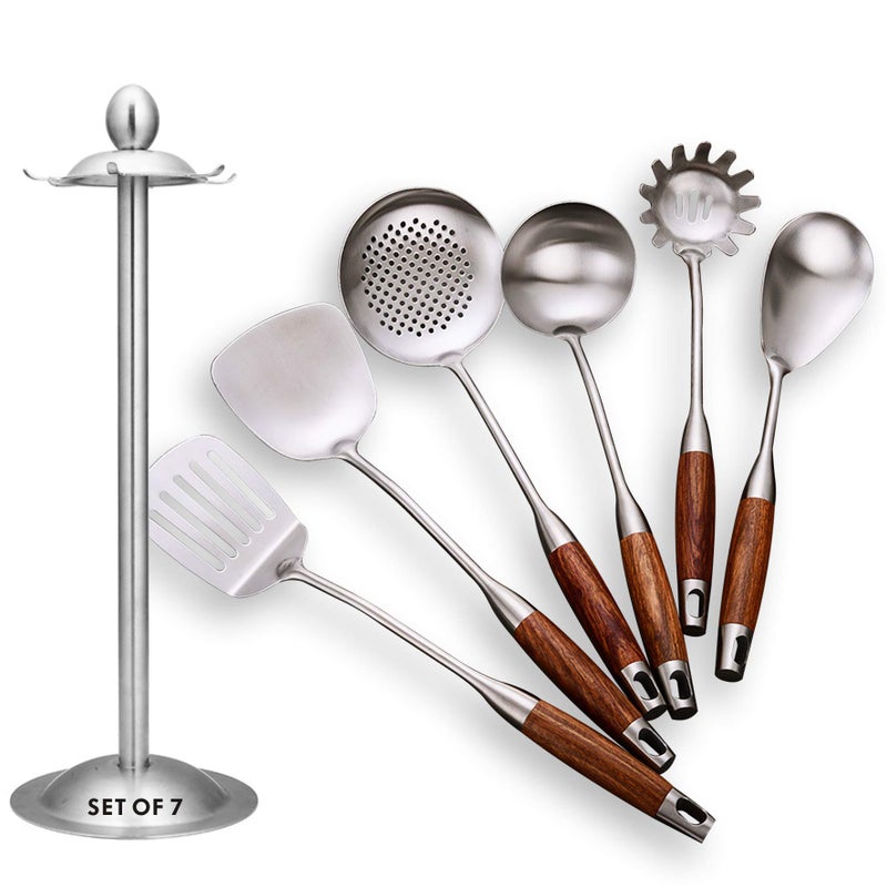 GXONE Cooking Utensils Set 7pcs 304 Stainless Steel Kitchen Utensils Set with Holder Heat Resistant Wooden Handle Kitchen Tools - Image 1